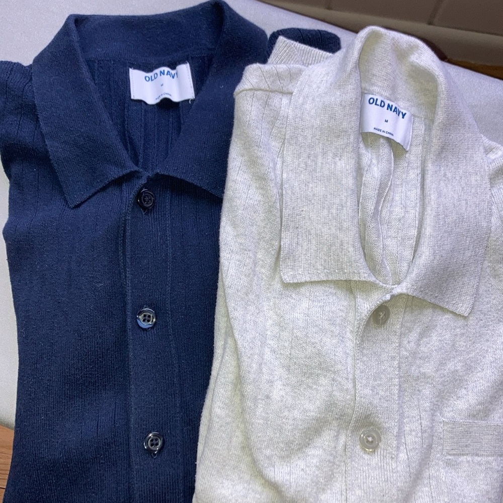 Two Old Navy collared short sleeve rib knit shirts with button front